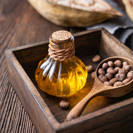 Baobab oil ,seeds in a wooden spoon 