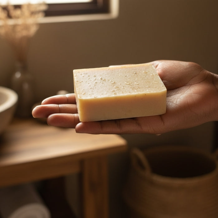 Hand holding a bar of soap with a warm, blurred background