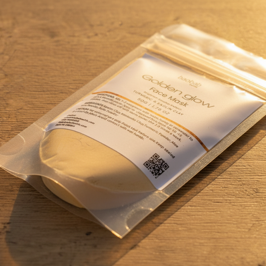 Golden glow face mask packaging on a wooden surface
