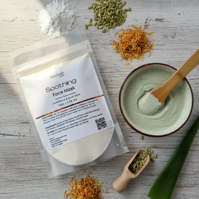 Soothing face mask packaging with ingredients on a wooden surface