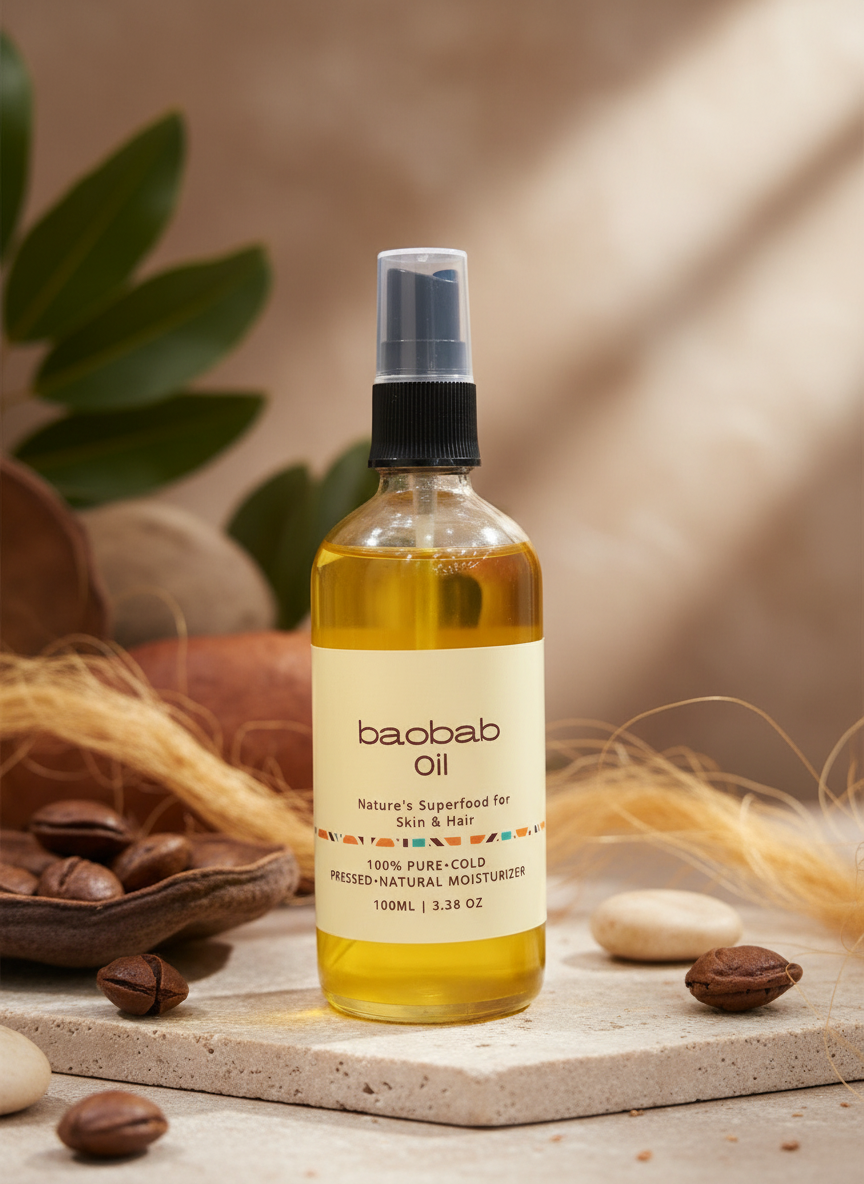 Bottle of baobab oil with a white label on a white background