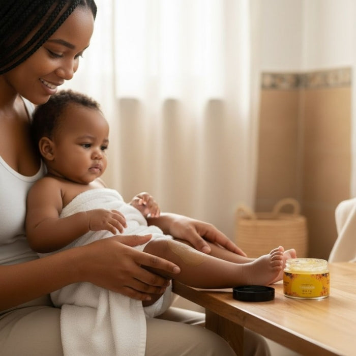 Woman holding a baby wrapped in a towel in a bathroom setting with a jar of salve on a table.