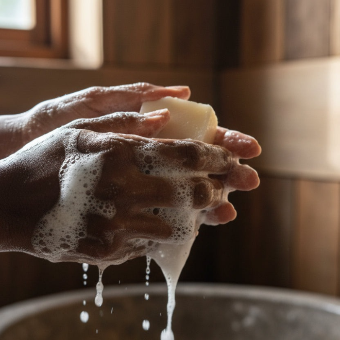 Hands with soap and water, with a blurred background