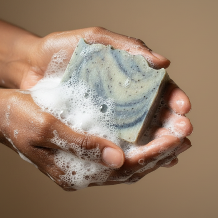 Hand holding a bar of soap with lather against a beige background