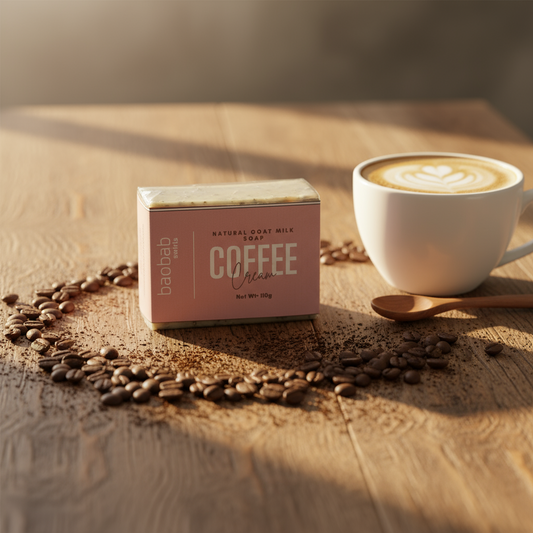 Box of coffee soap on a wooden surface with coffee beans and a cup of coffee.