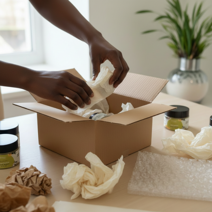 Person unpacking items from a cardboard box on a table with packaging materials.