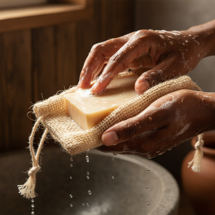 Hand holding a bar of soap on a natural fiber soap dish with water droplets.