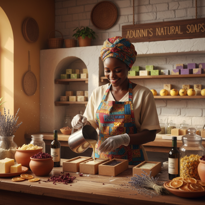 Woman in a soap-making workshop with various ingredients and tools.