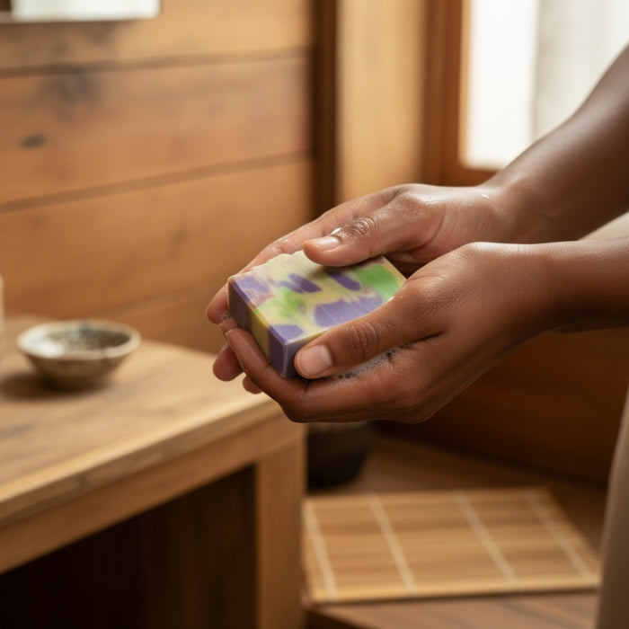 Person holding a colorful soap bar in a wooden room