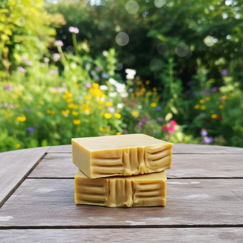Two bars of Turmeric soap stacked on a wooden surface with a garden background
