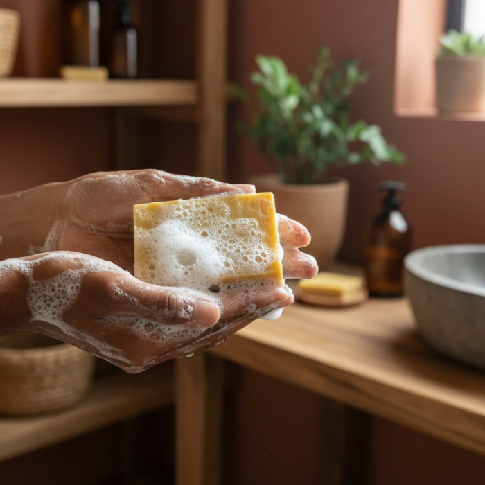 Hand holding a sudsy bar of soap with a blurred bathroom setting in the background