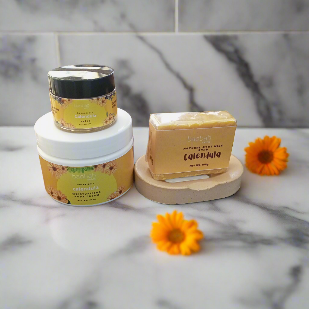 Calendula Body Cream, salve,soap and dish