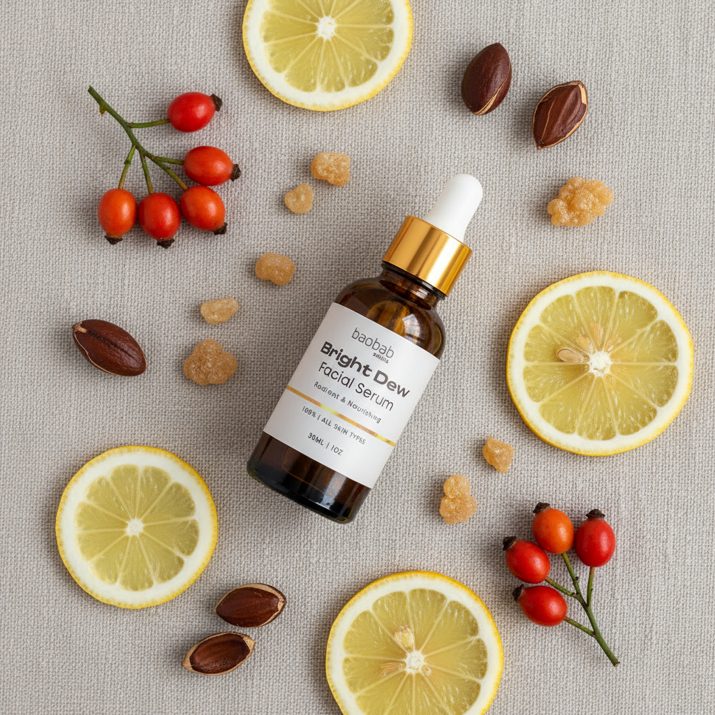 Bright dew Facial serum on a flat surface with rosehip,lemon slices,frankincense,jojoba.