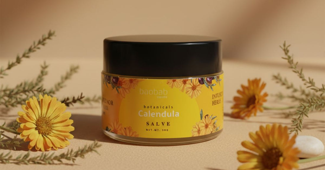A jar of Baobab Swirls Calendula Salve for babies, handcrafted in Zambia with local Mongongo oil and botanical ingredients.