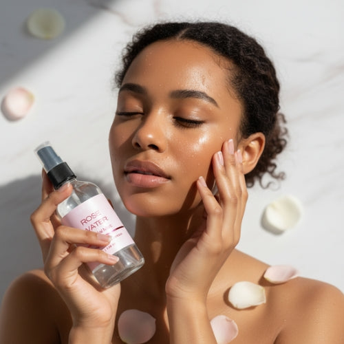 Woman holding a rose water facial mist bottle in her hand