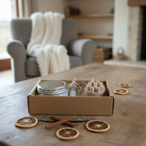 Gift box with some dried citrus botanicals on a rustic table and a grey couch in the background