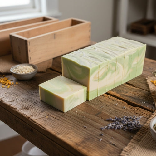 Freshly cut green swirled soap on a wooden table with wooden molds on the side