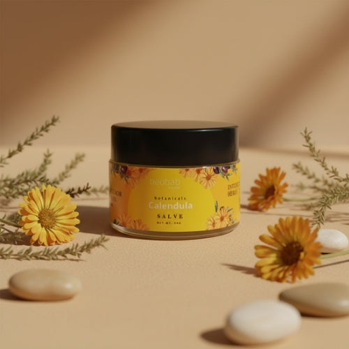 Calendula salve jar with calendula petals scattered around it on a beige background