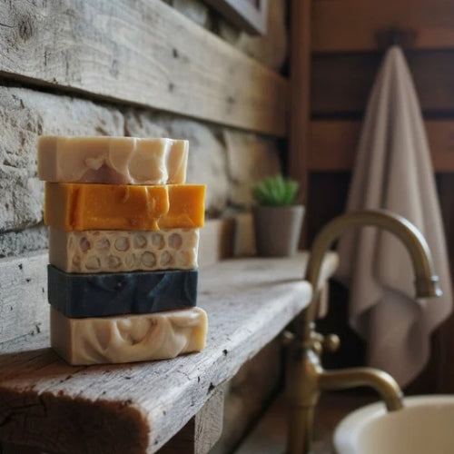 Baobab Swirls Handmade soaps on a shelf with bathtub in the background
