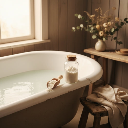Bathtub with Bath Milk Glass Jar and and a wooden scoop full of the soak