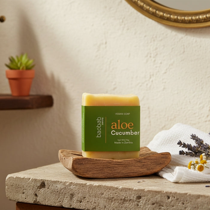 Baobab swirls bar of soap with 'aloevera' and 'cucumber' on a wooden dish on a stone surface.