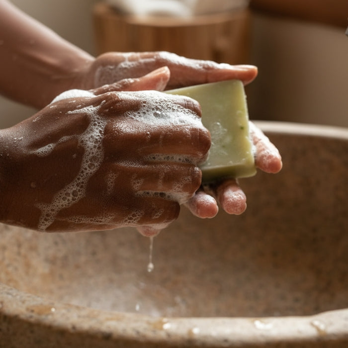 Hands with soap and water, holding a bar of soap over a sink.