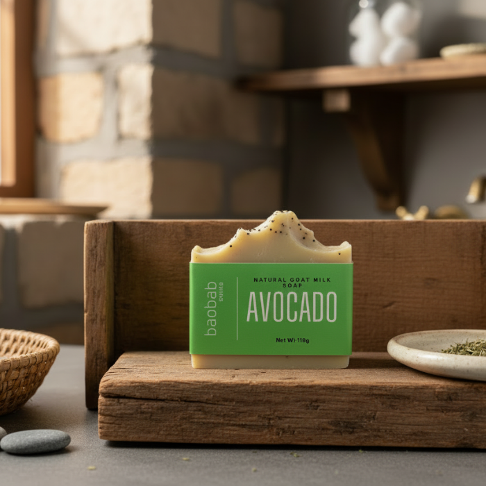 Baobab Swirls Bar of soap with 'Avocado' label on a wooden surface