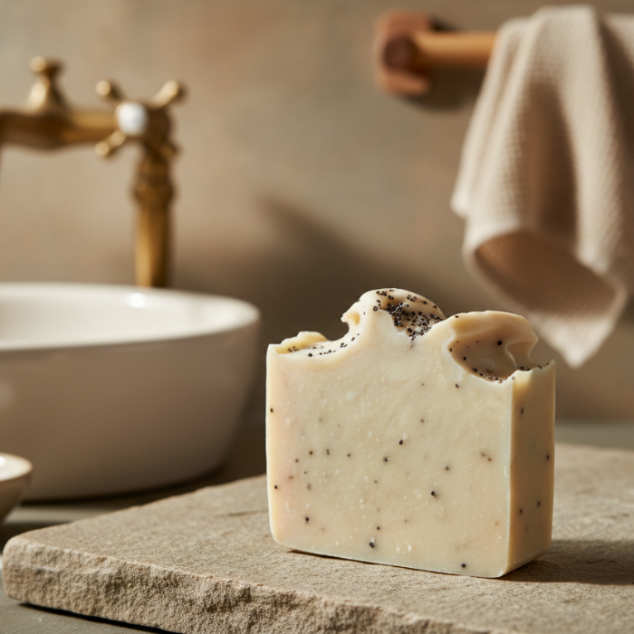 Bar of soap with specks on a stone surface in a bathroom setting.