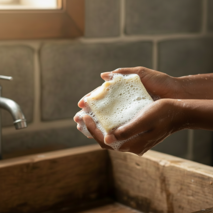 Hand holding a soapy sponge in front of a tiled wall and sink.