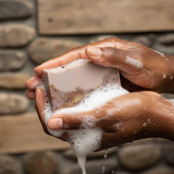 Hands holding a bar of soap with foam against a stone wall background