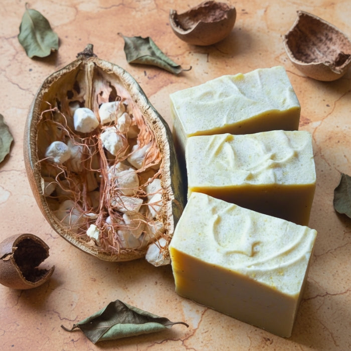 Three bars of baobab soap on a textured surface with natural elements