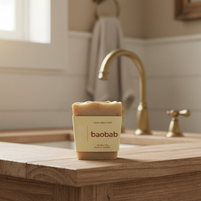 Bar of soap with 'baobab swirls ' packaging on a wooden surface in a bathroom.