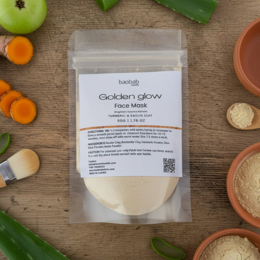baobab Golden Glow Face Mask packaging on a wooden surface with natural ingredients.