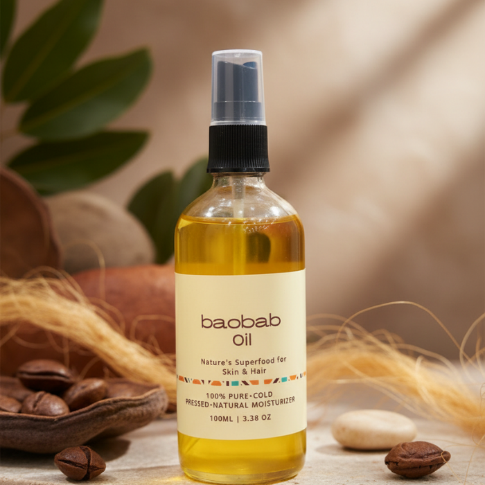 Bottle of baobab oil with a natural background featuring leaves and seeds.