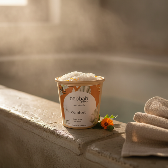 A tub of baobab botanical bath salts sits on a stone ledge beside a folded beige towel, with warm sunlight and a softly blurred spa-like background.