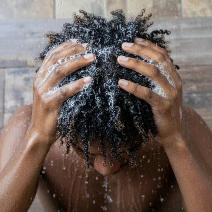 Person washing their hair with soap suds under running water