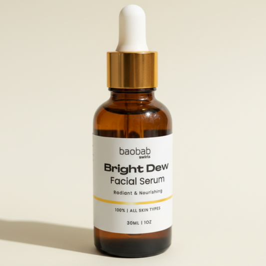 Baobab Swirls Bright Dew Facial Serum bottle with dropper on a beige background