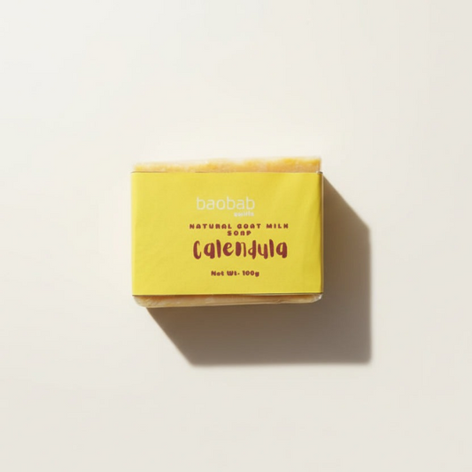 Baobab Swirls soap packaging with 'calendula' text on a white background