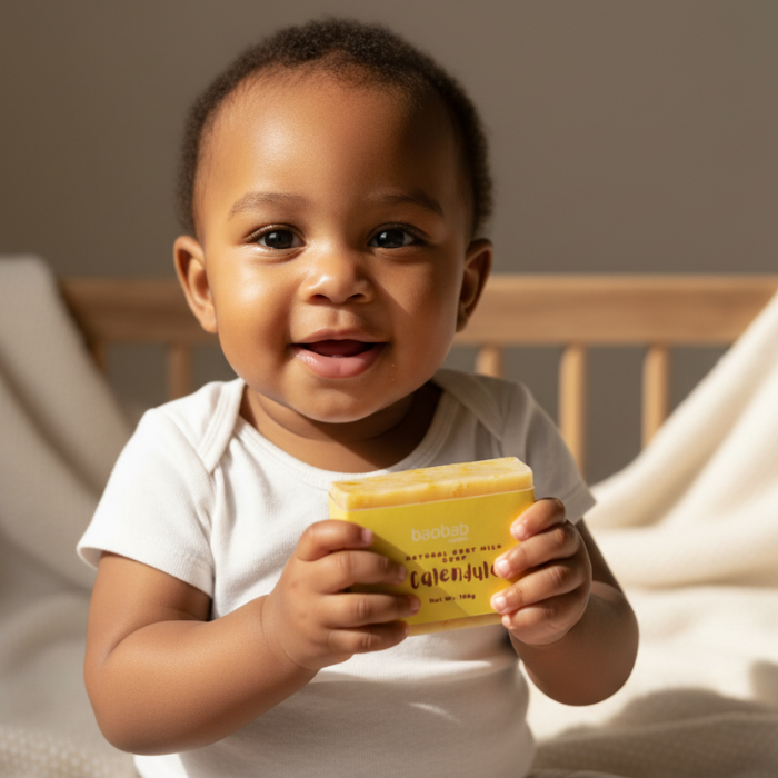 Child holding  Calendula soap bar with a Baobab Swirls logo, sitting in a crib.