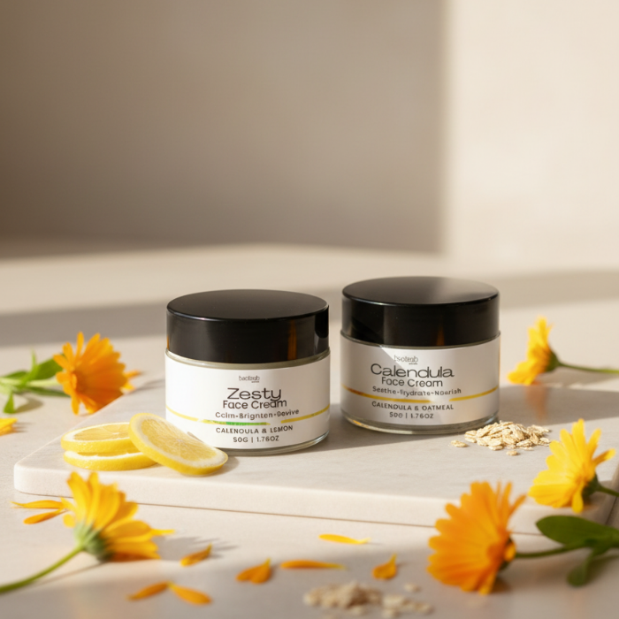 Two jars of Zesty Calendula Face Cream on a light surface with flowers and lemon slices.