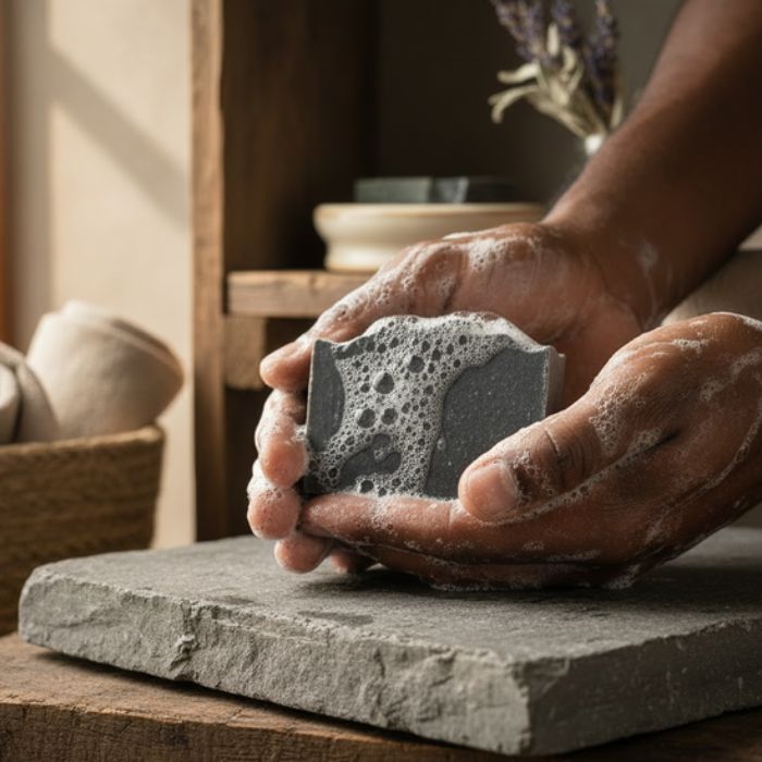 Person holding a stone with a textured surface on a wooden table.
