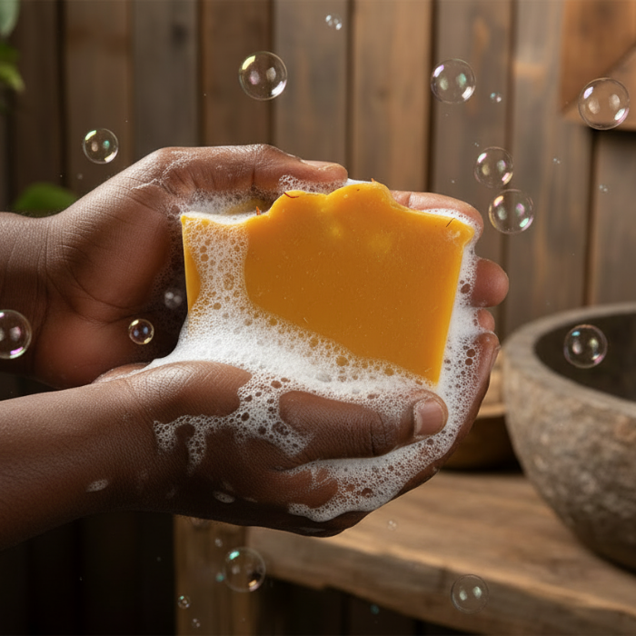 Rich, creamy lather from Chinkondia goat milk soap being used on sensitive skin to demonstrate deep moisturization and gentle cleansing."