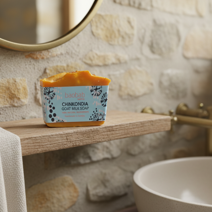 Chinkondia Soap Bar of soap on a wooden shelf with a stone wall background