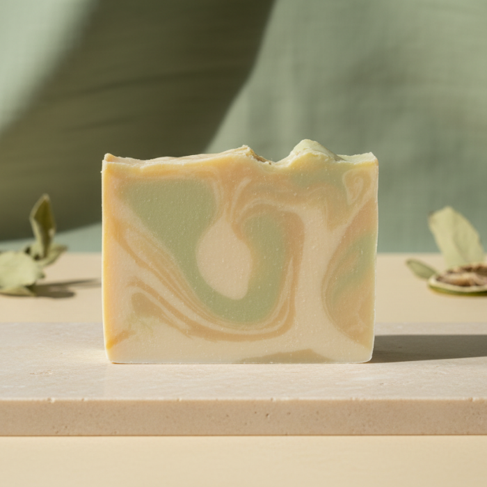 Swirled soap bar on a wooden surface with a natural background