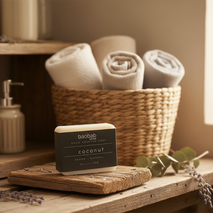 Bar of soap with 'baobab swirls' branding on a wooden surface, with towels in the background.