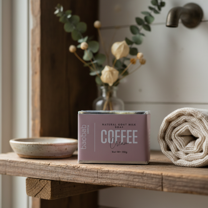 Baobab Swirls Bar of soap labeled 'Coffee Cream' on a wooden surface with decorative elements.