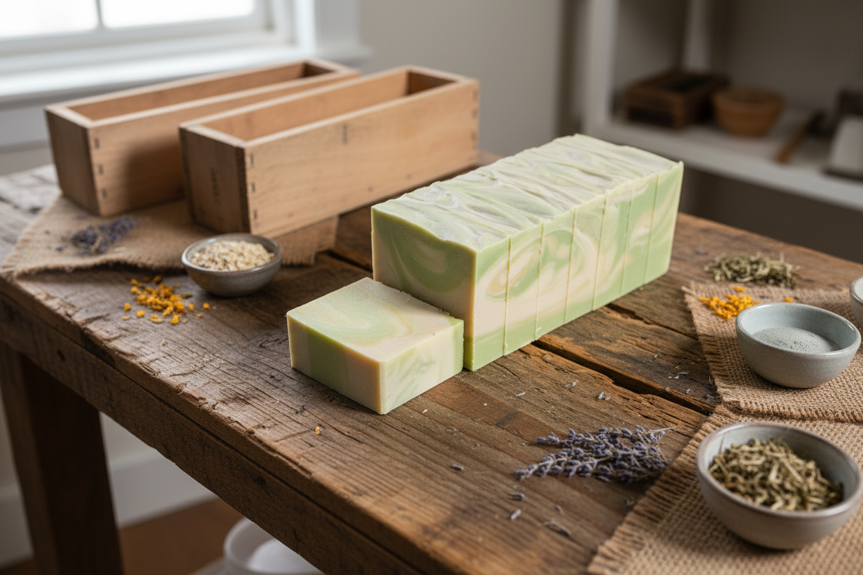 Green soap bars on a wooden table with natural ingredients