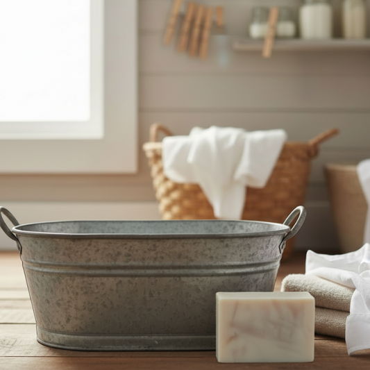 Metal basin on a wooden surface with a bar of soap and a basket in the background.