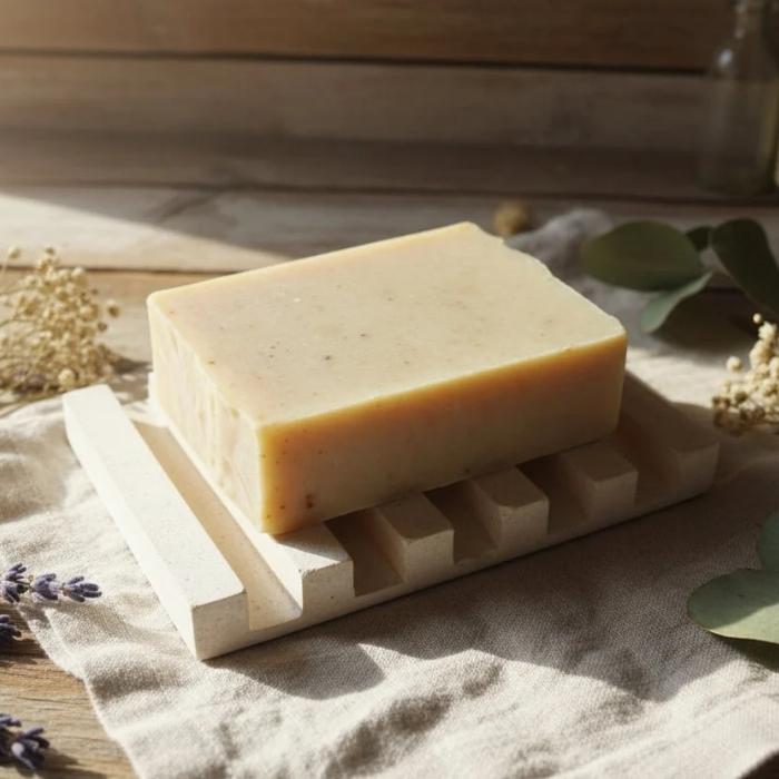 Bar of soap on a concrete soap dish with natural elements in the background