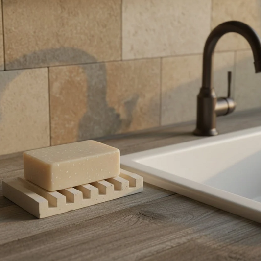 Bar of soap on a concrete soap dish next to a sink with a tiled wall in the background
